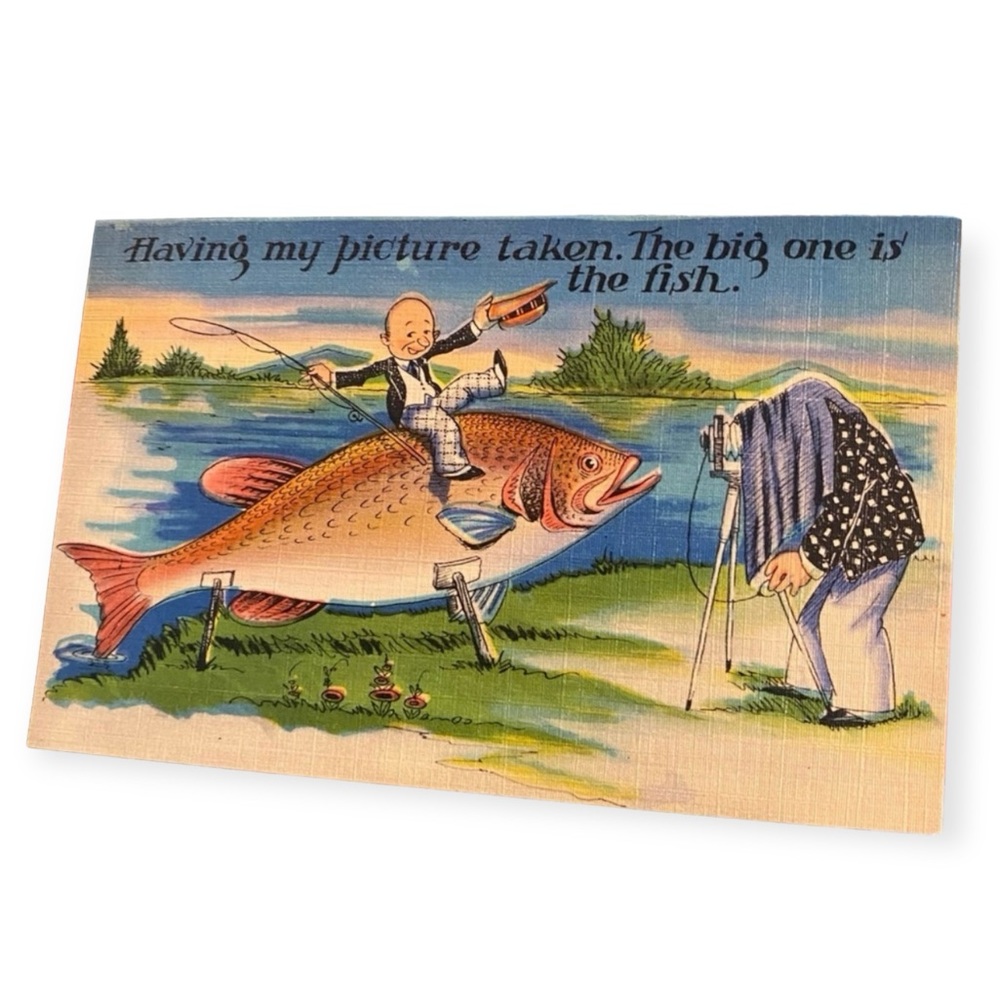 Vintage 1940’s Humor Fishing Postcard , Linen Postcard, Vintage Humor, Unused